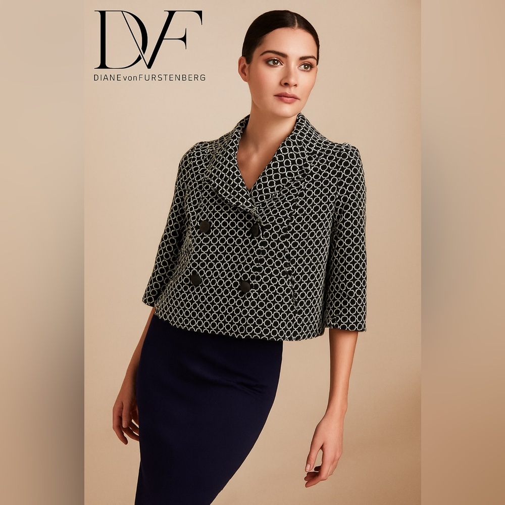 Diane von Furstenberg Black White Cropped Jacket Mod Style Blazer size 6 luxury